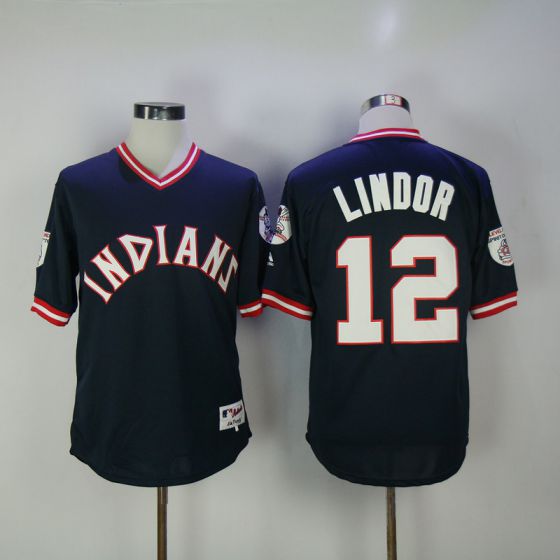 Men Cleveland Indians #12 Francisco Lindor Blue Throwback MLB Jerseys->cleveland indians->MLB Jersey